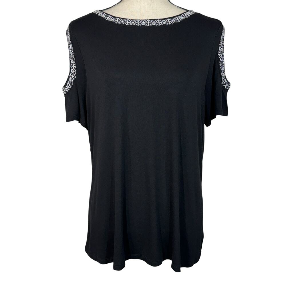 Liz Claiborne X-Large Top Cold-Shoulder Embroidered Stretch Wide Neck Black